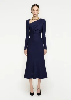 Ready To Wear|Ready To Wear Roland Mouret Asymmetric Drape Stretch Cady Midi Dress Navy