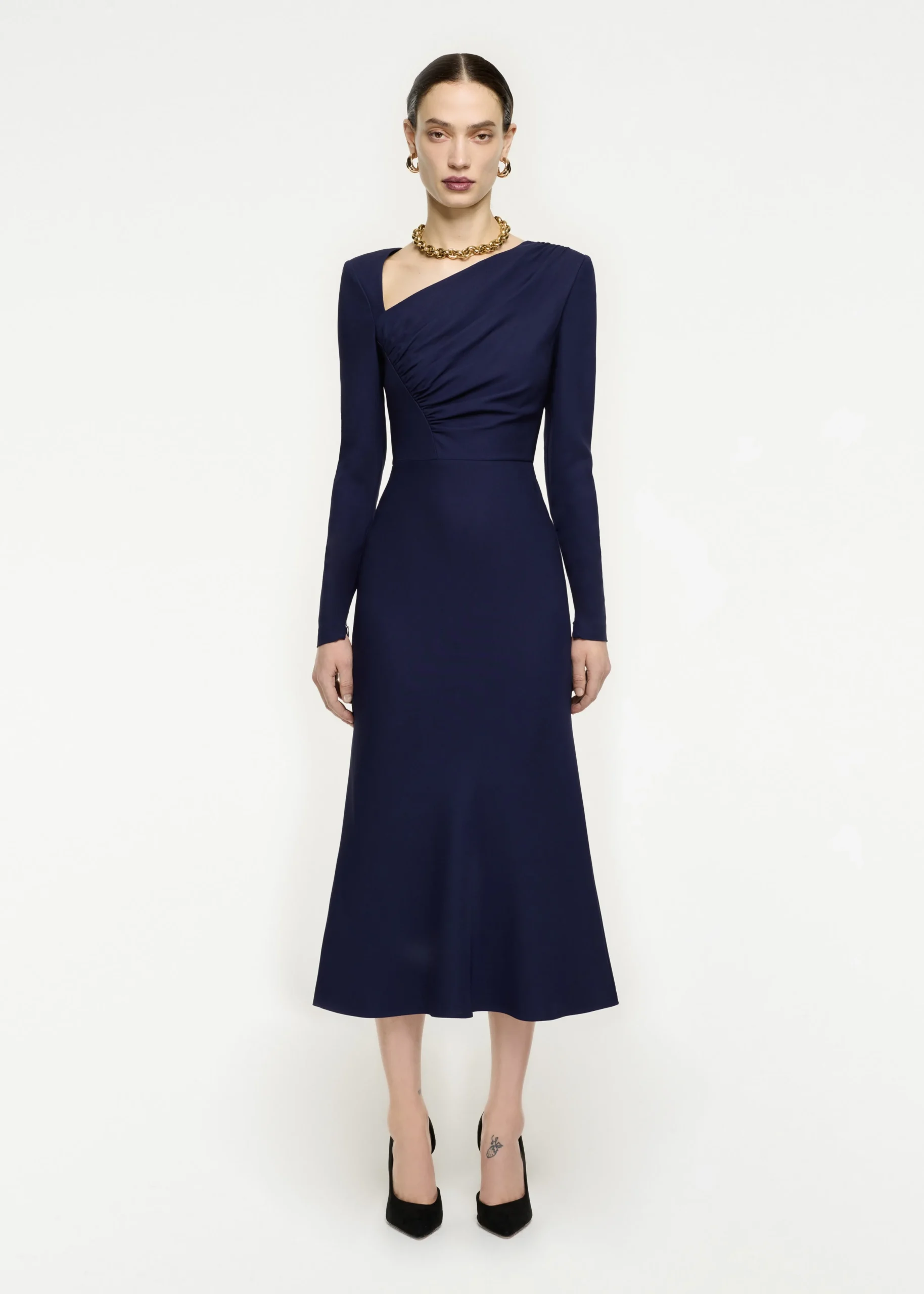 Ready To Wear|Ready To Wear Roland Mouret Asymmetric Drape Stretch Cady Midi Dress Navy