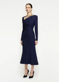 Ready To Wear|Ready To Wear Roland Mouret Asymmetric Drape Stretch Cady Midi Dress Navy