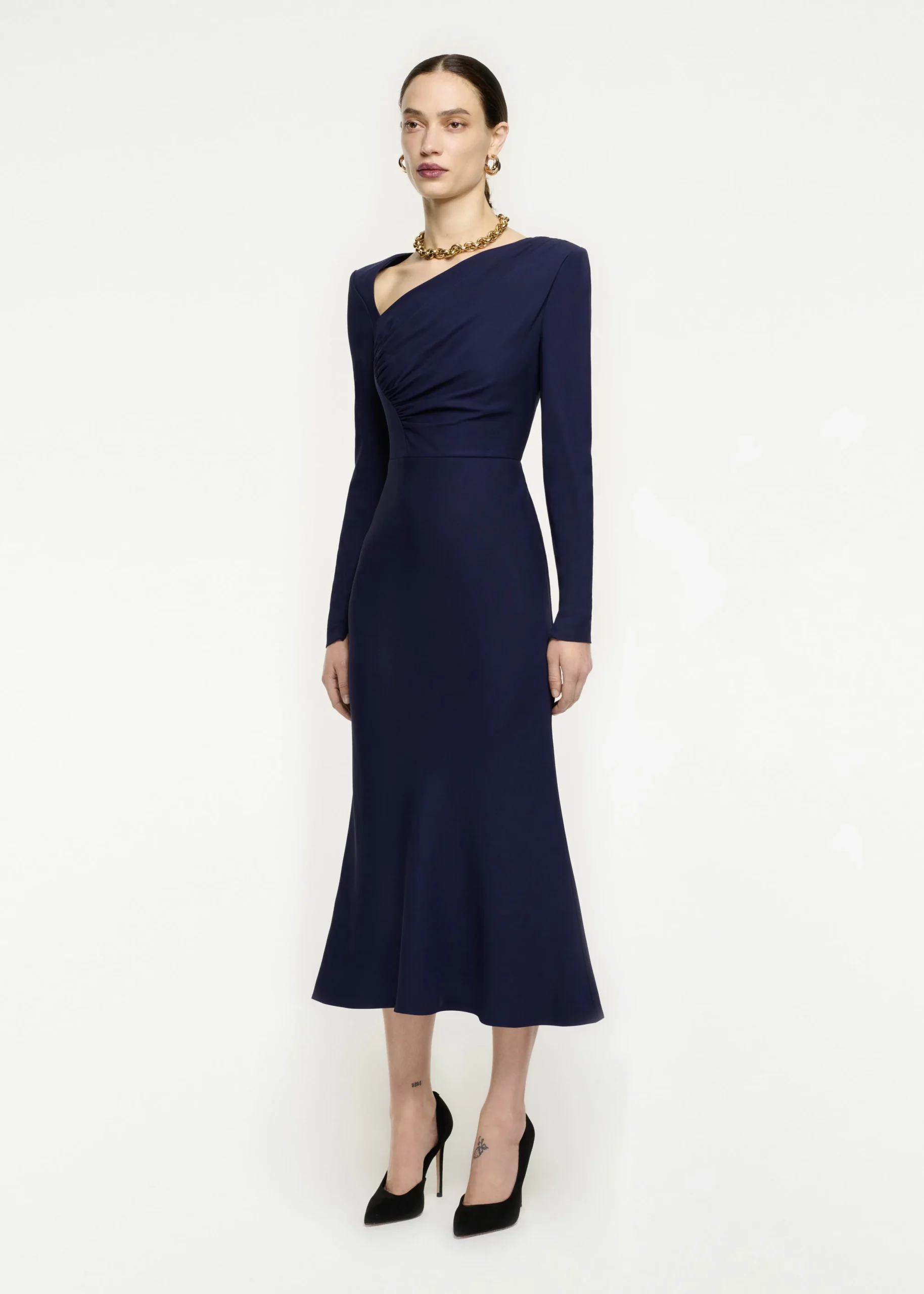 Ready To Wear|Ready To Wear Roland Mouret Asymmetric Drape Stretch Cady Midi Dress Navy