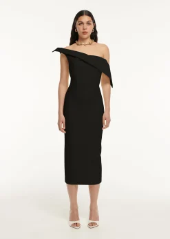 Ready To Wear|Ready To Wear Roland Mouret Asymmetric Drape Wool Silk Midi Dress Black