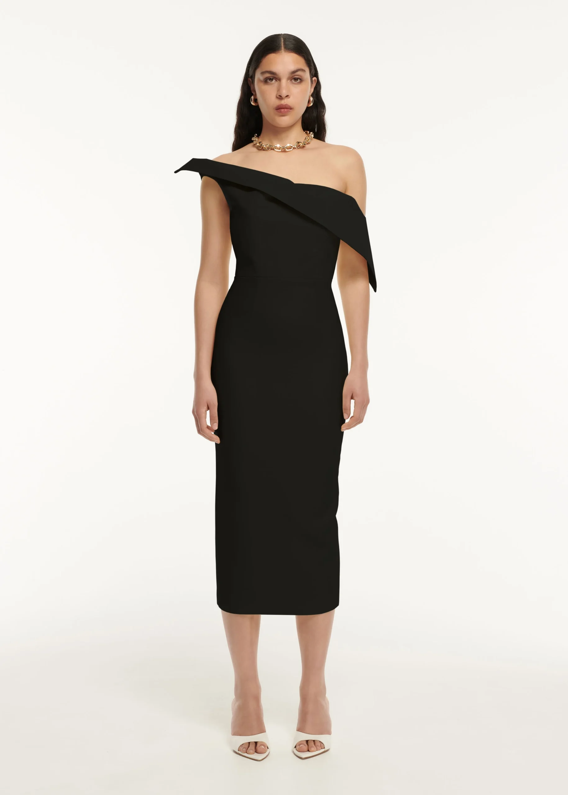 Ready To Wear|Ready To Wear Roland Mouret Asymmetric Drape Wool Silk Midi Dress Black