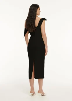 Ready To Wear|Ready To Wear Roland Mouret Asymmetric Drape Wool Silk Midi Dress Black