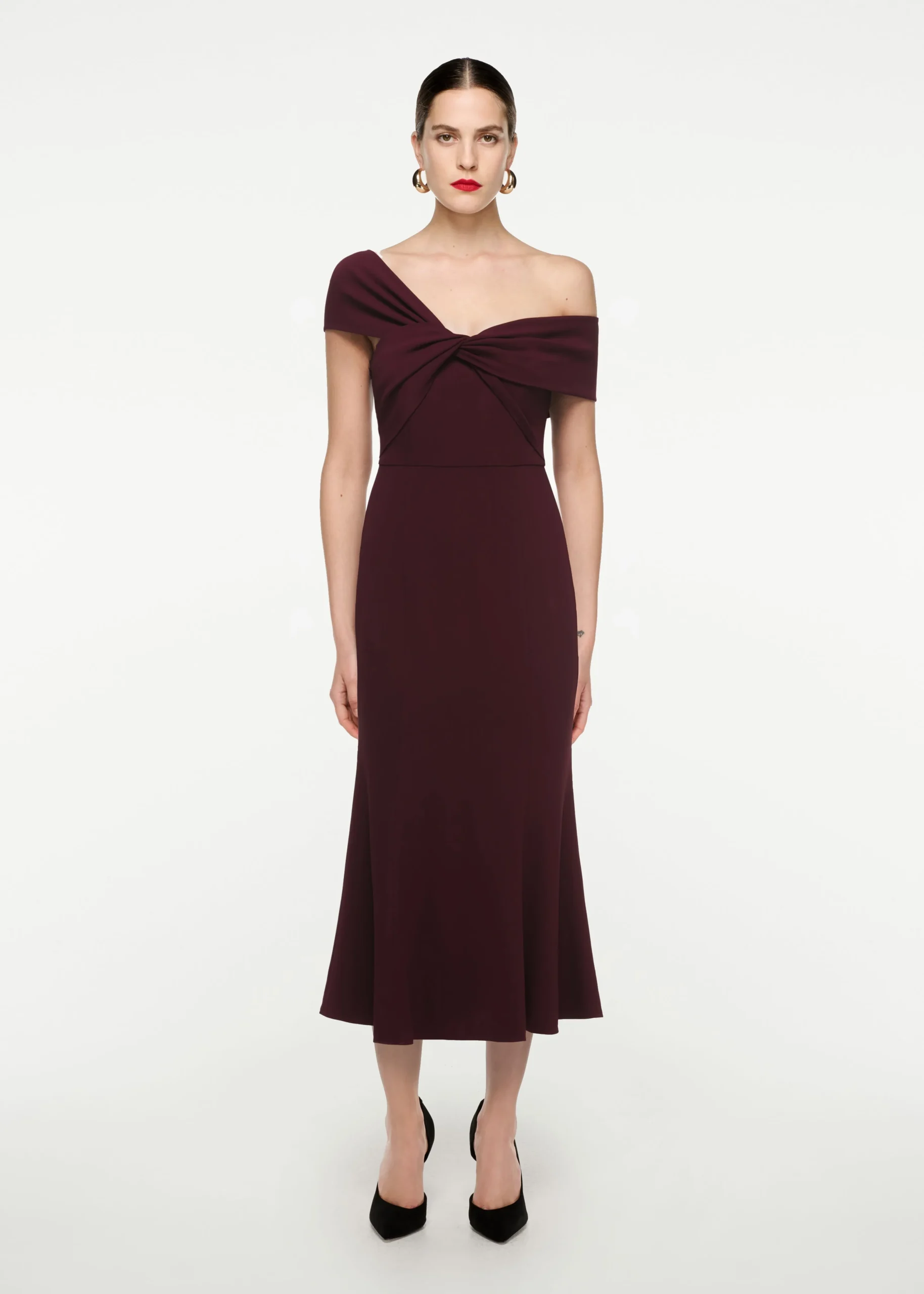 Ready To Wear|Ready To Wear Roland Mouret Asymmetric Stretch Cady Midi Dress Maroon