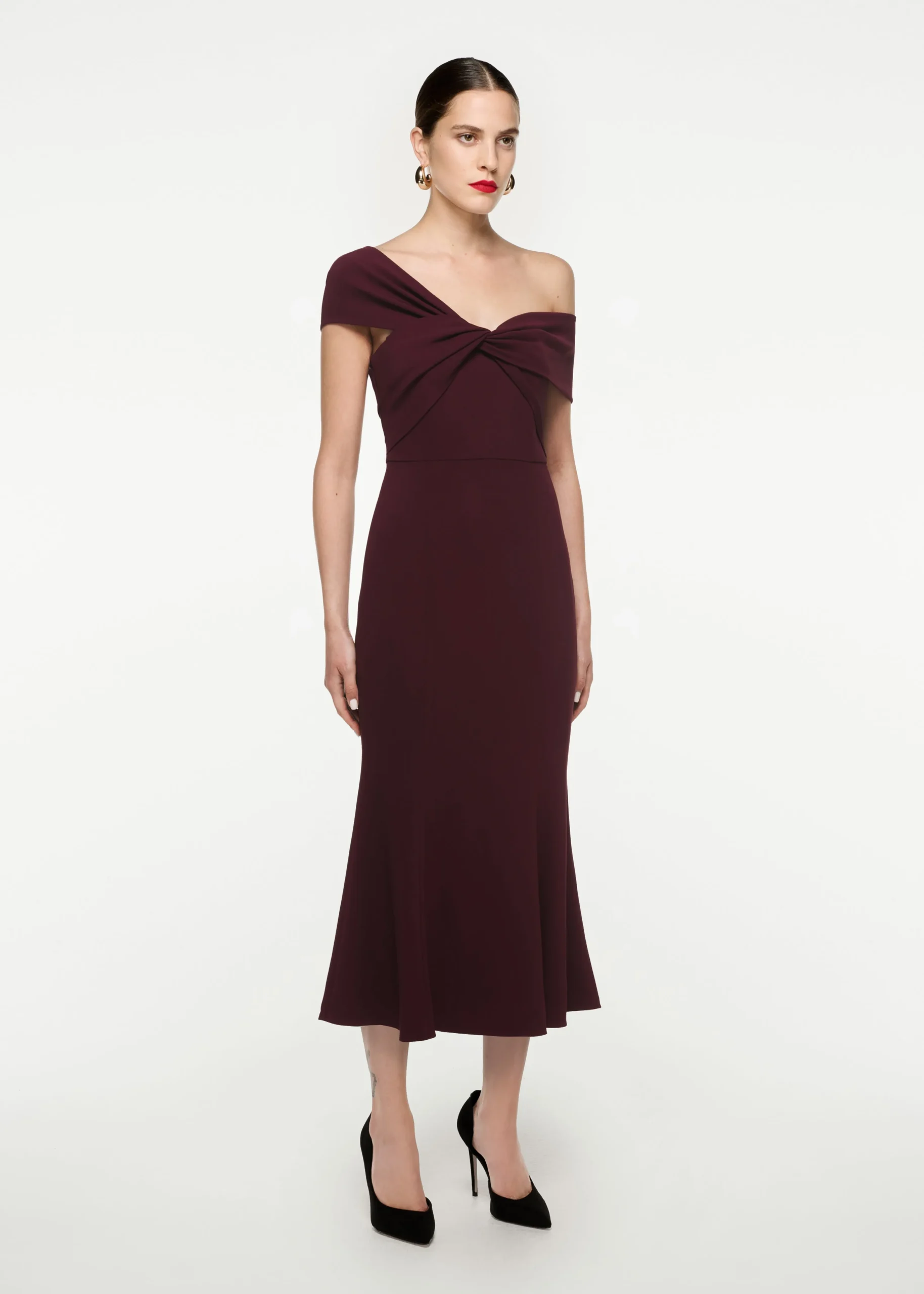 Ready To Wear|Ready To Wear Roland Mouret Asymmetric Stretch Cady Midi Dress Maroon