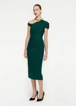 Ready To Wear|Ready To Wear Roland Mouret Asymmetric Wool Silk Midi Dress Green