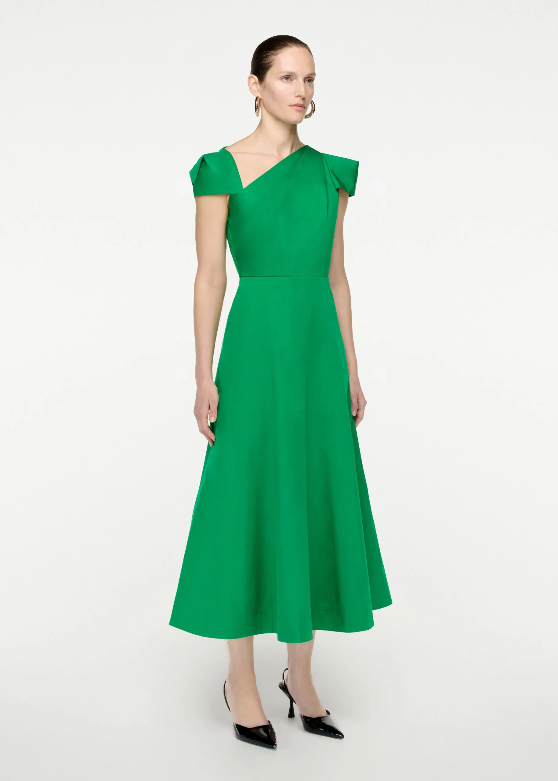 Ready To Wear|Ready To Wear Roland Mouret Cap Sleeve Cotton Poplin Midi Dress Green