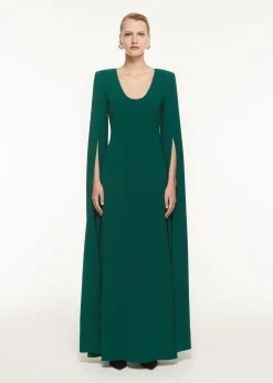 Ready To Wear Roland Mouret Cape Sleeve Stretch Cady Maxi Dress Green