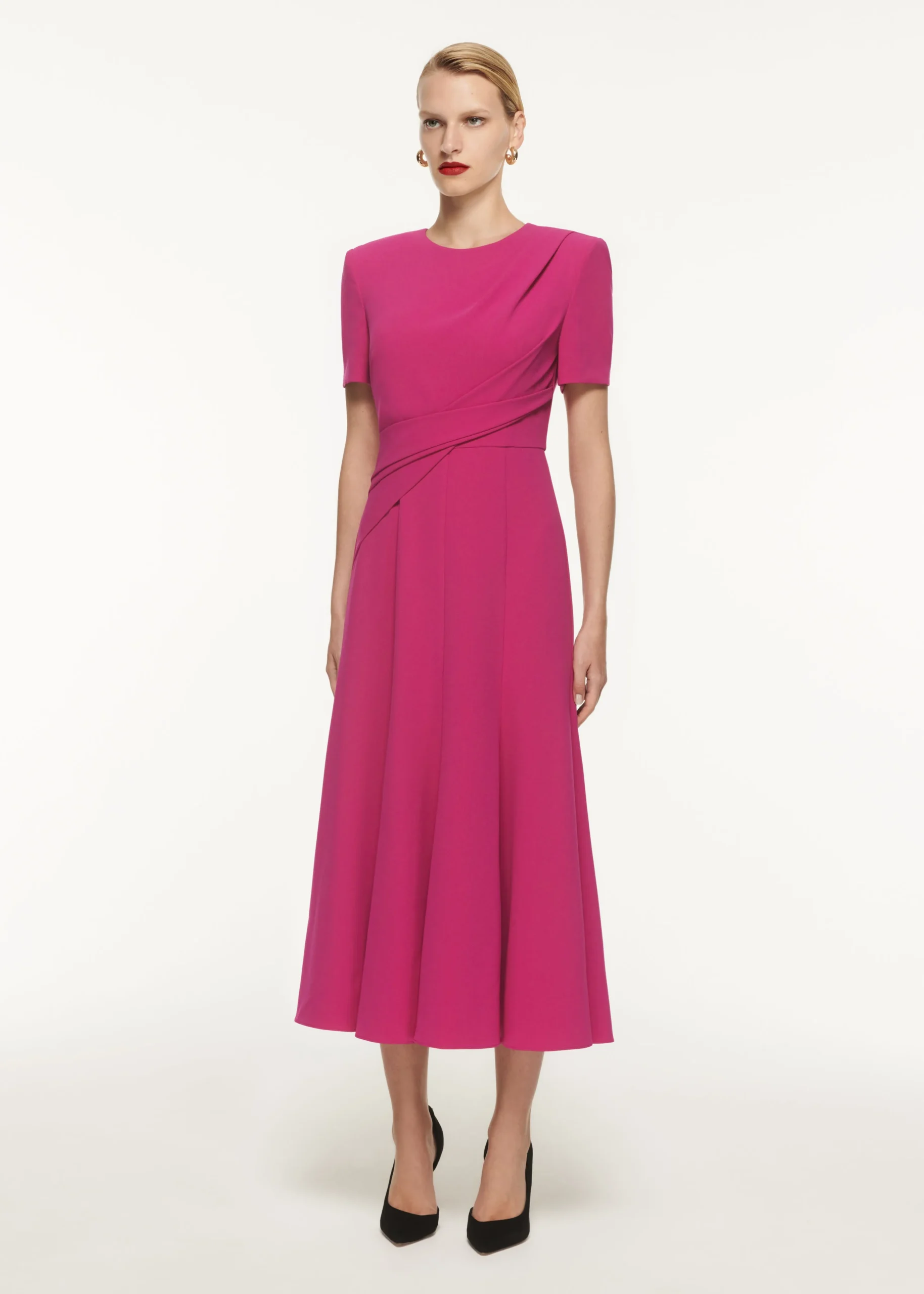 Ready To Wear|Ready To Wear Roland Mouret Front Drape Short Sleeve Cady Midi Dress