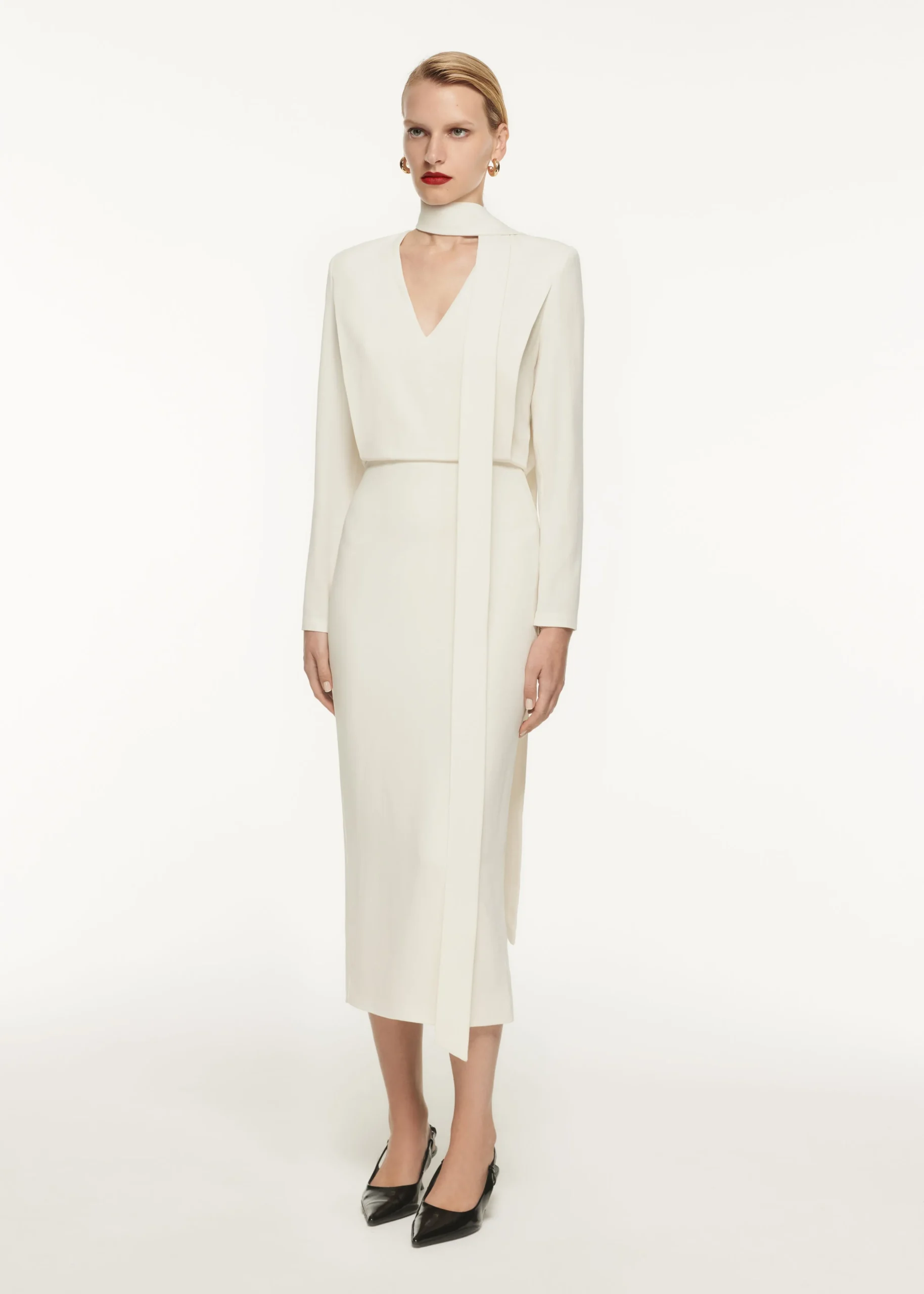Ready To Wear|Ready To Wear Roland Mouret Long Sleeve Blouson Detail Midi Dress Cream