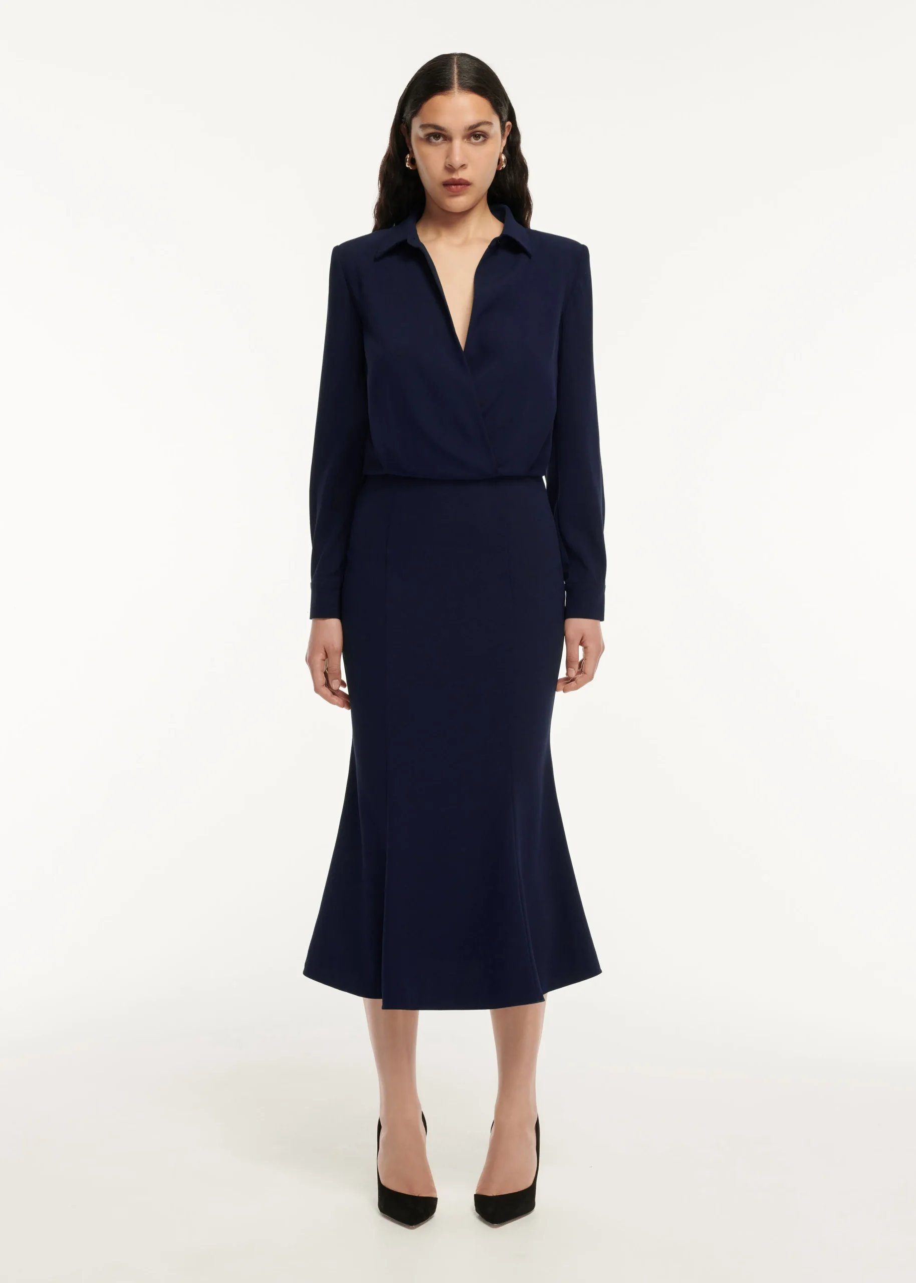 Ready To Wear|Ready To Wear Roland Mouret Long Sleeve Collar Satin Crepe Midi Dress Navy