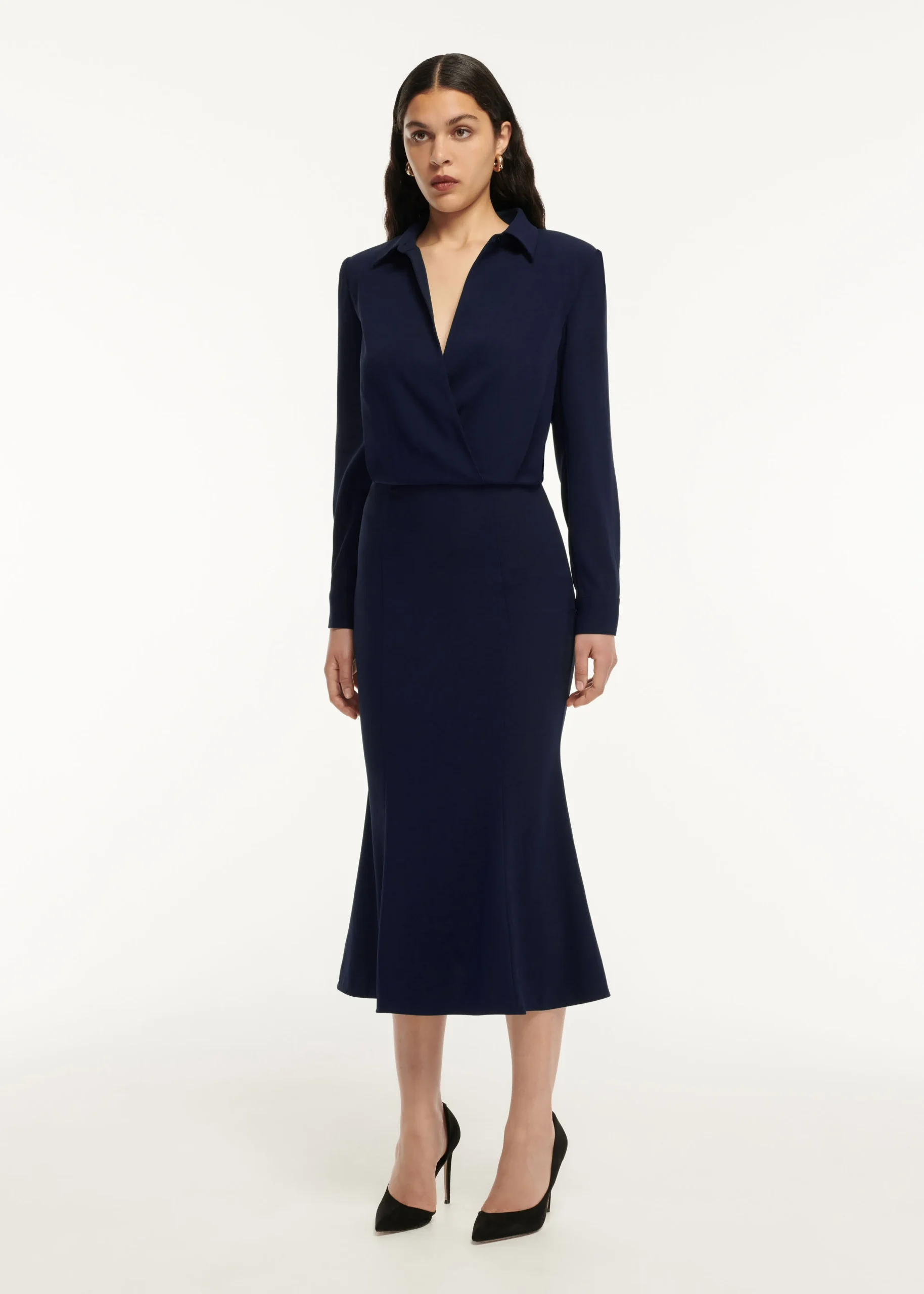 Ready To Wear|Ready To Wear Roland Mouret Long Sleeve Collar Satin Crepe Midi Dress Navy