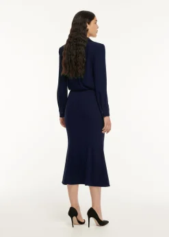 Ready To Wear|Ready To Wear Roland Mouret Long Sleeve Collar Satin Crepe Midi Dress Navy