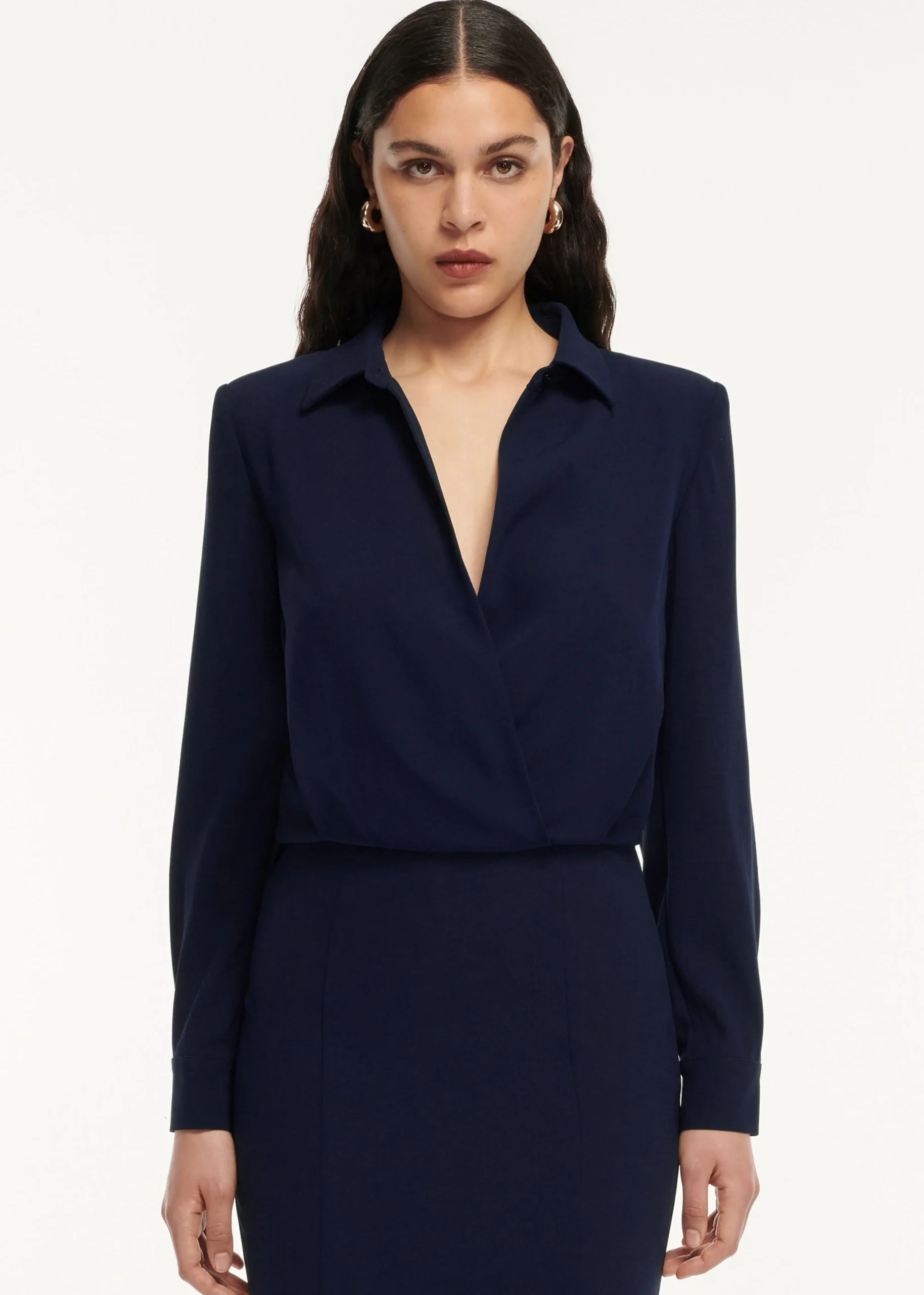 Ready To Wear|Ready To Wear Roland Mouret Long Sleeve Collar Satin Crepe Midi Dress Navy
