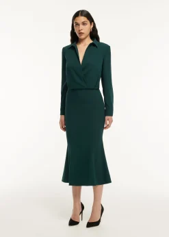Ready To Wear|Ready To Wear Roland Mouret Long Sleeve Collar Satin Crepe Midi Dress Green