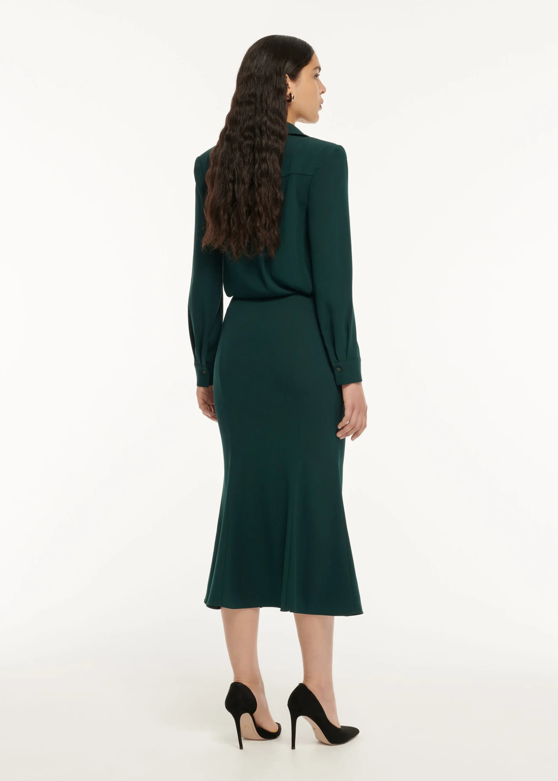 Ready To Wear|Ready To Wear Roland Mouret Long Sleeve Collar Satin Crepe Midi Dress Green