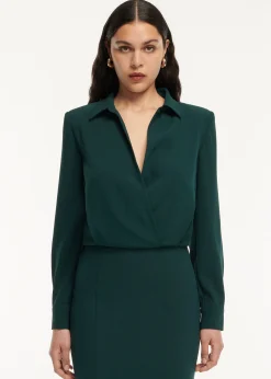 Ready To Wear|Ready To Wear Roland Mouret Long Sleeve Collar Satin Crepe Midi Dress Green