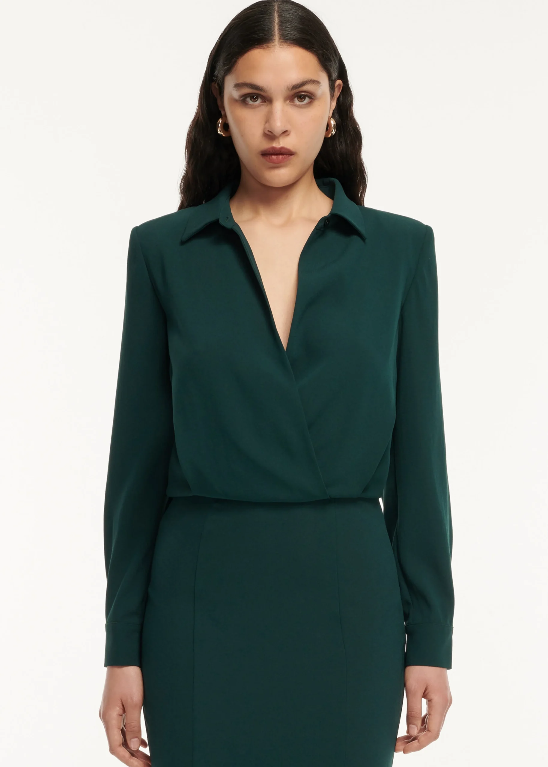 Ready To Wear|Ready To Wear Roland Mouret Long Sleeve Collar Satin Crepe Midi Dress Green
