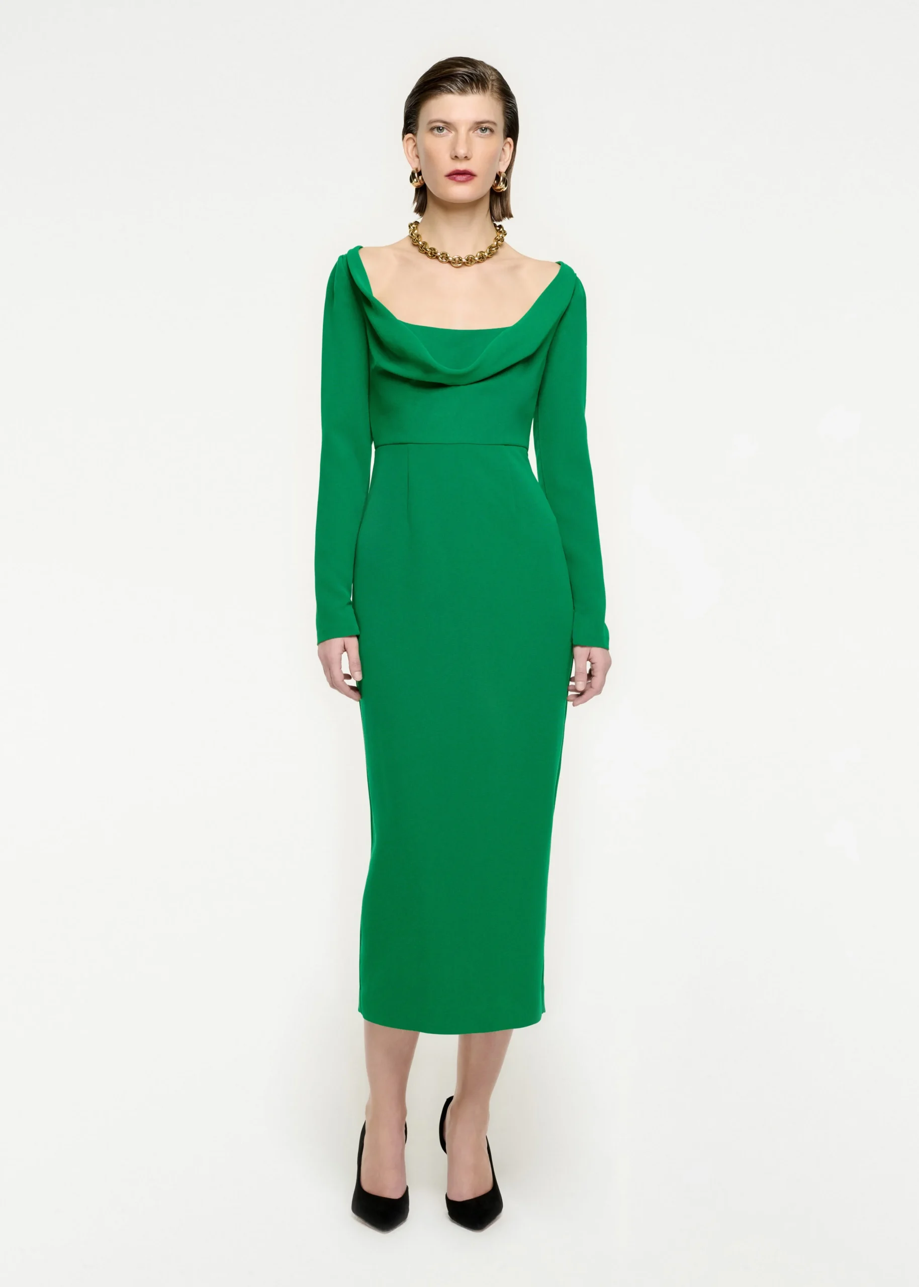 Ready To Wear|Ready To Wear Roland Mouret Long Sleeve Cowl Neck Cady Midi Dress Green