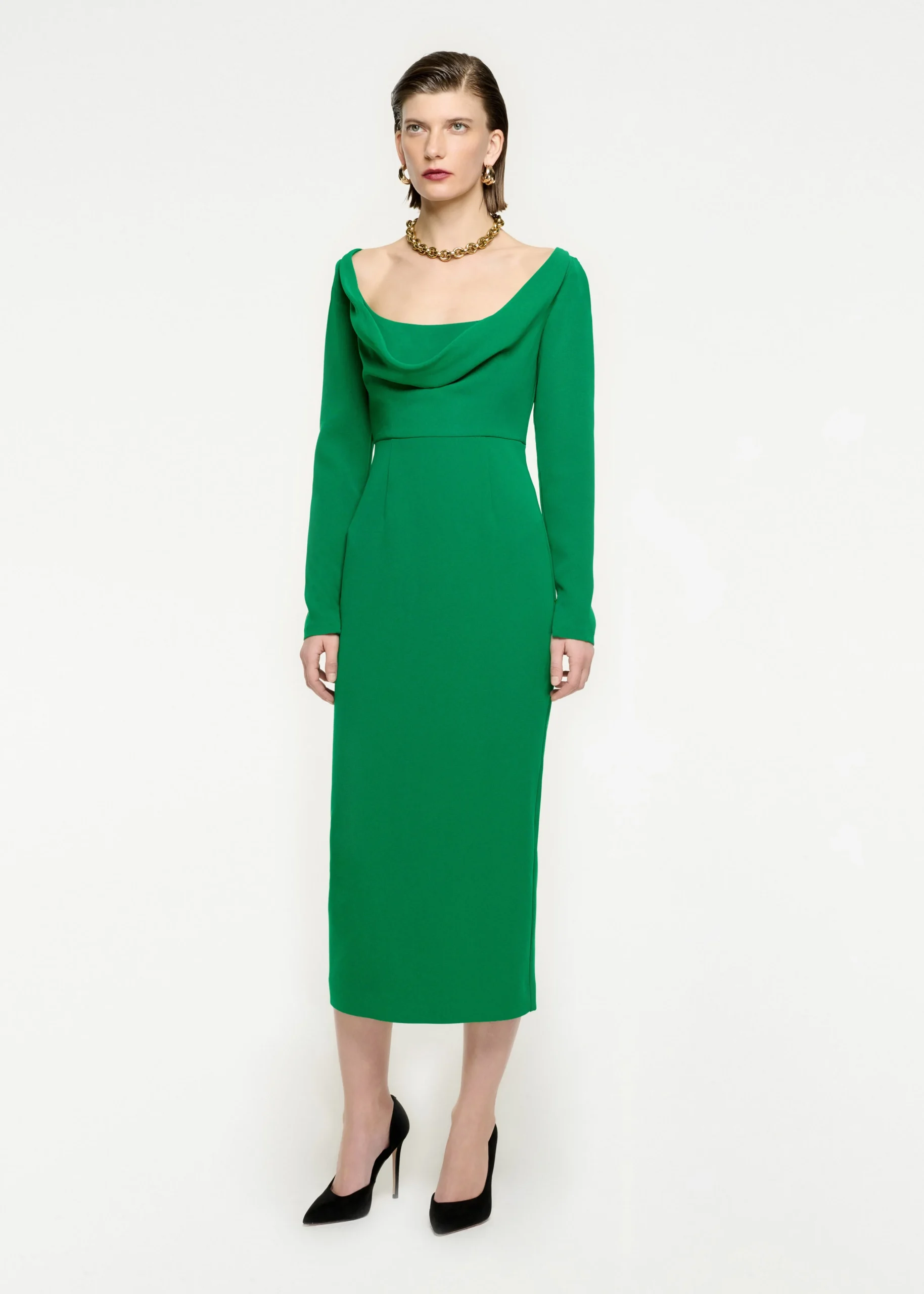 Ready To Wear|Ready To Wear Roland Mouret Long Sleeve Cowl Neck Cady Midi Dress Green