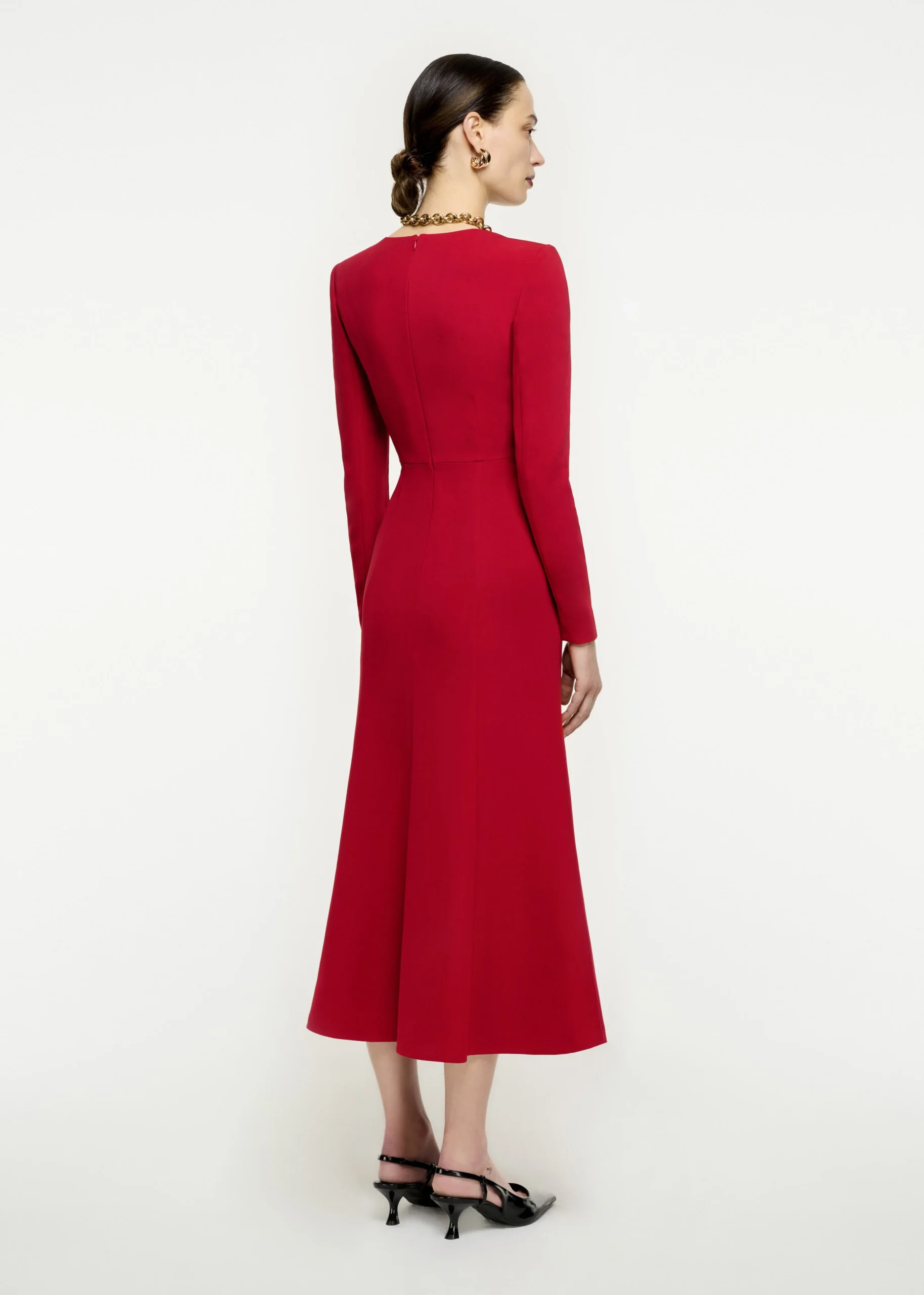 Ready To Wear|Ready To Wear Roland Mouret Long Sleeve Moon Fluted Midi Dress Red