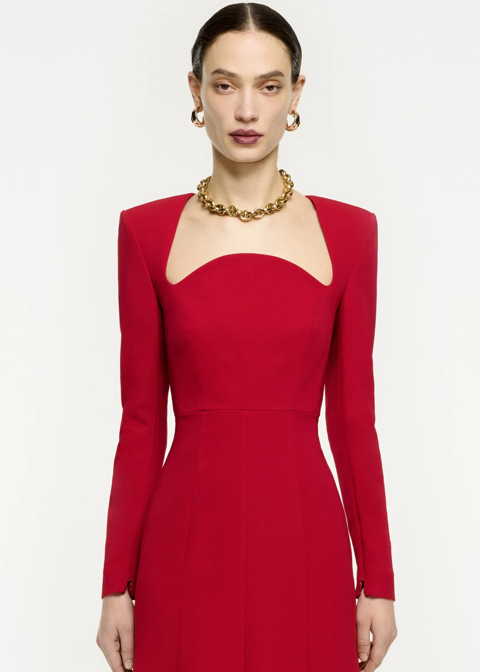 Ready To Wear|Ready To Wear Roland Mouret Long Sleeve Moon Fluted Midi Dress Red