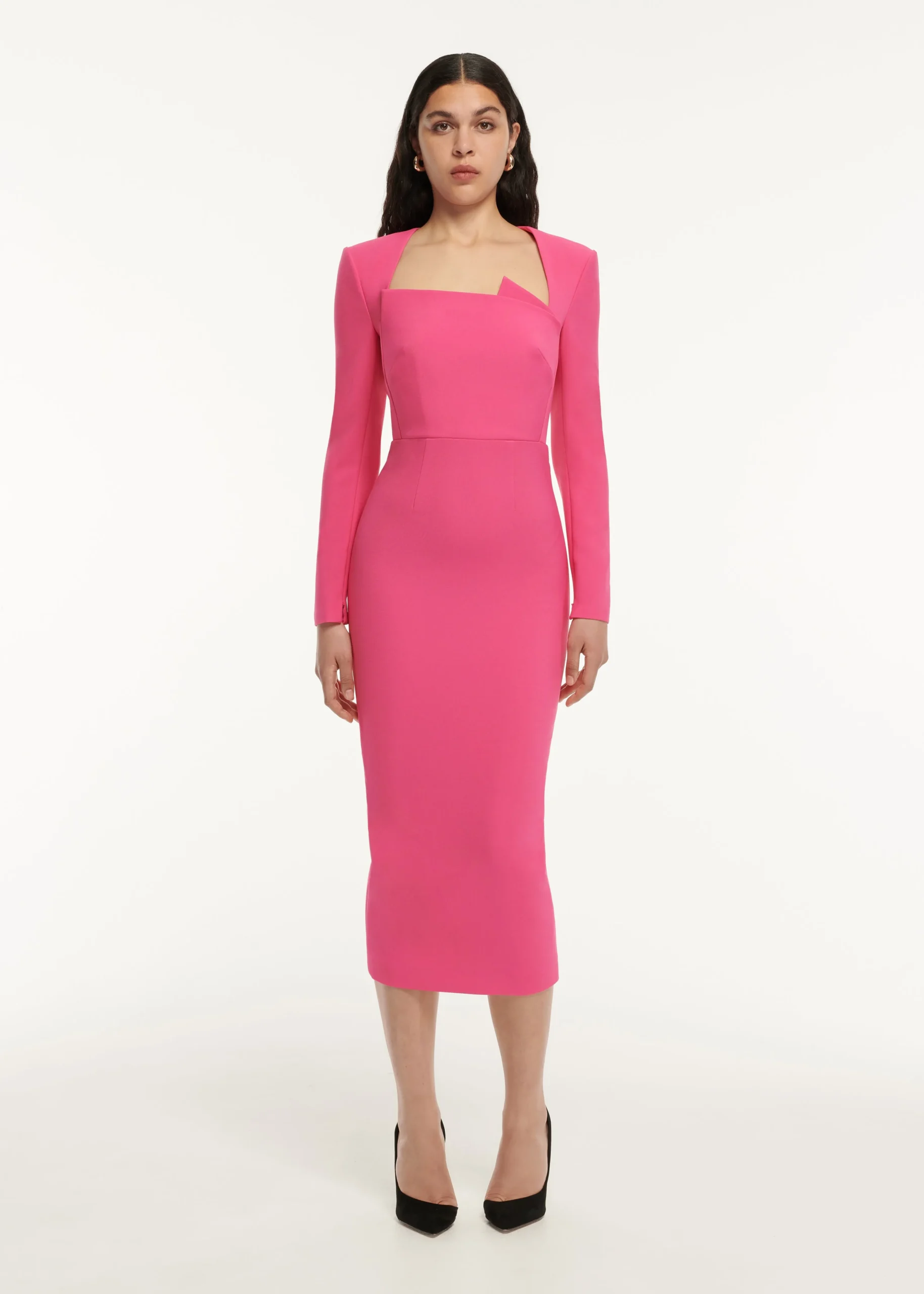 Ready To Wear|Ready To Wear Roland Mouret Long Sleeve Pleat Detail Crepe Midi Dress Pink