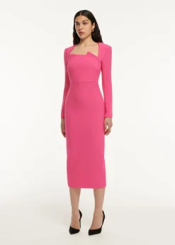 Ready To Wear|Ready To Wear Roland Mouret Long Sleeve Pleat Detail Crepe Midi Dress Pink
