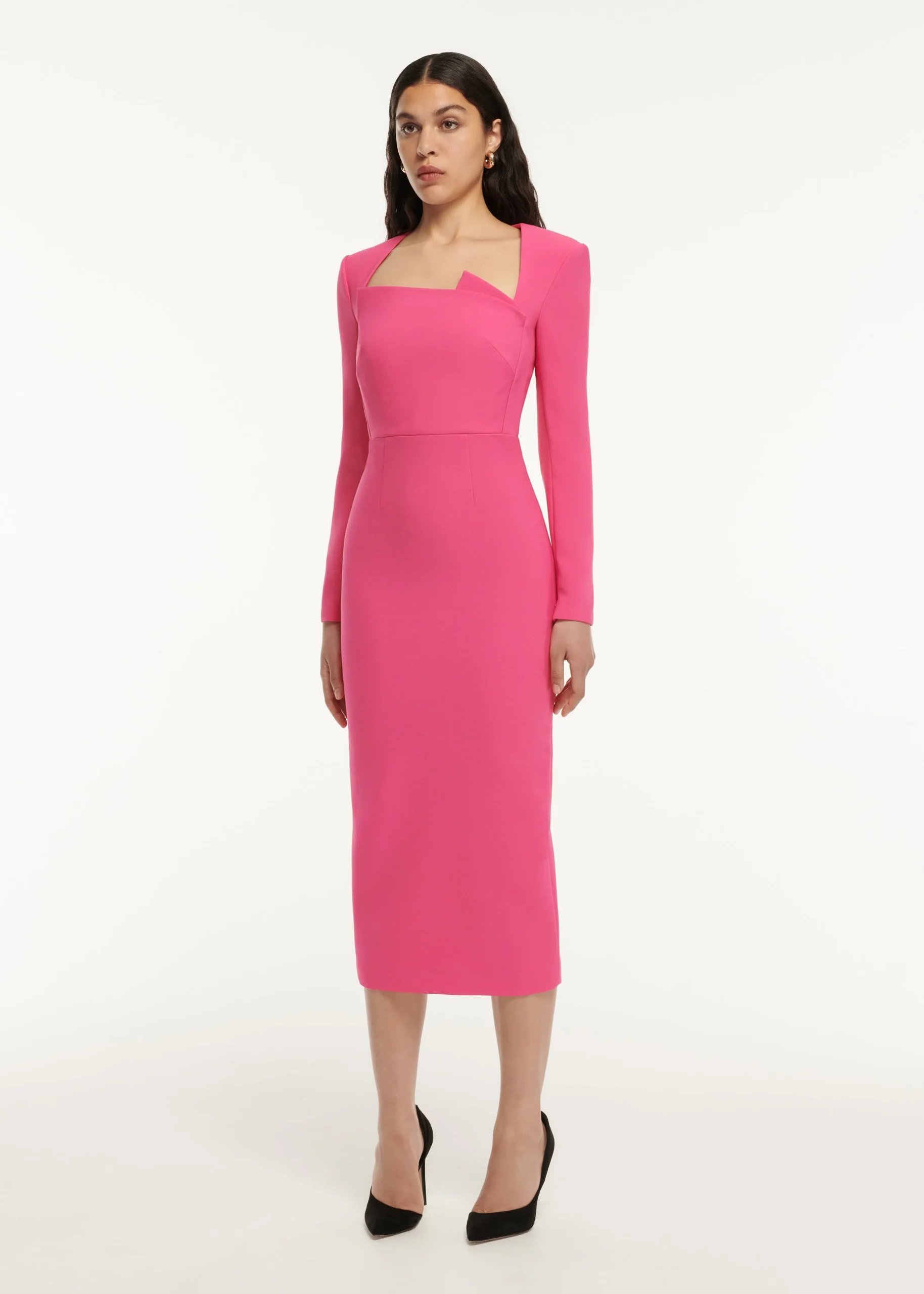 Ready To Wear|Ready To Wear Roland Mouret Long Sleeve Pleat Detail Crepe Midi Dress Pink