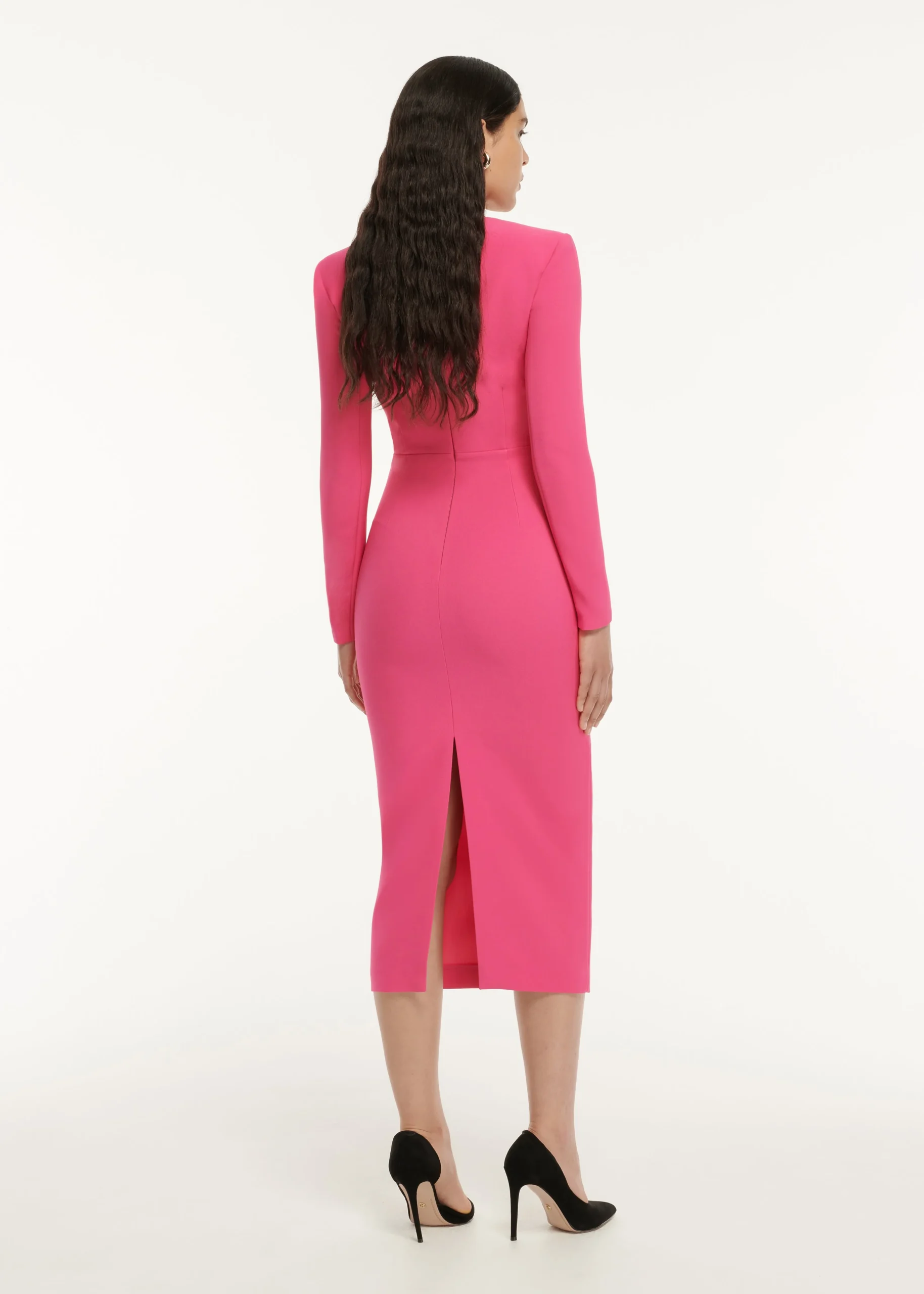 Ready To Wear|Ready To Wear Roland Mouret Long Sleeve Pleat Detail Crepe Midi Dress Pink