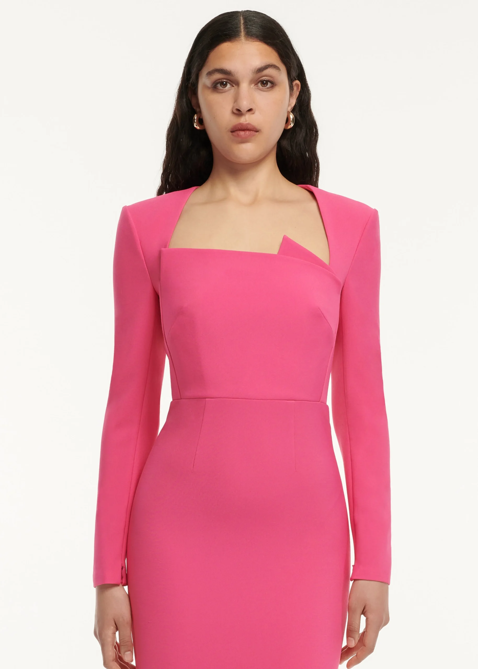 Ready To Wear|Ready To Wear Roland Mouret Long Sleeve Pleat Detail Crepe Midi Dress Pink