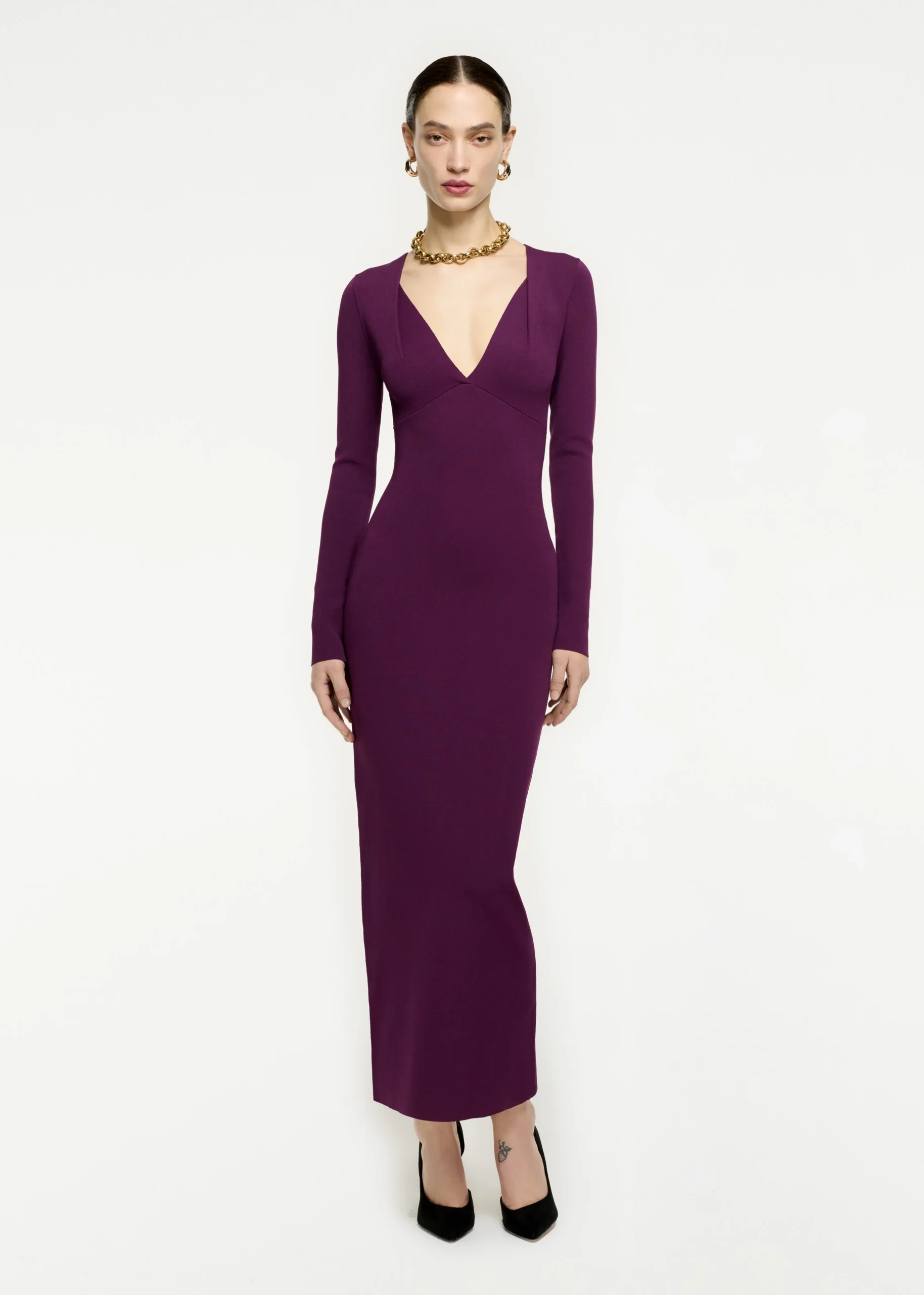 Ready To Wear|Ready To Wear Roland Mouret Long Sleeve Pleat Knit Midi Dress Aubergine