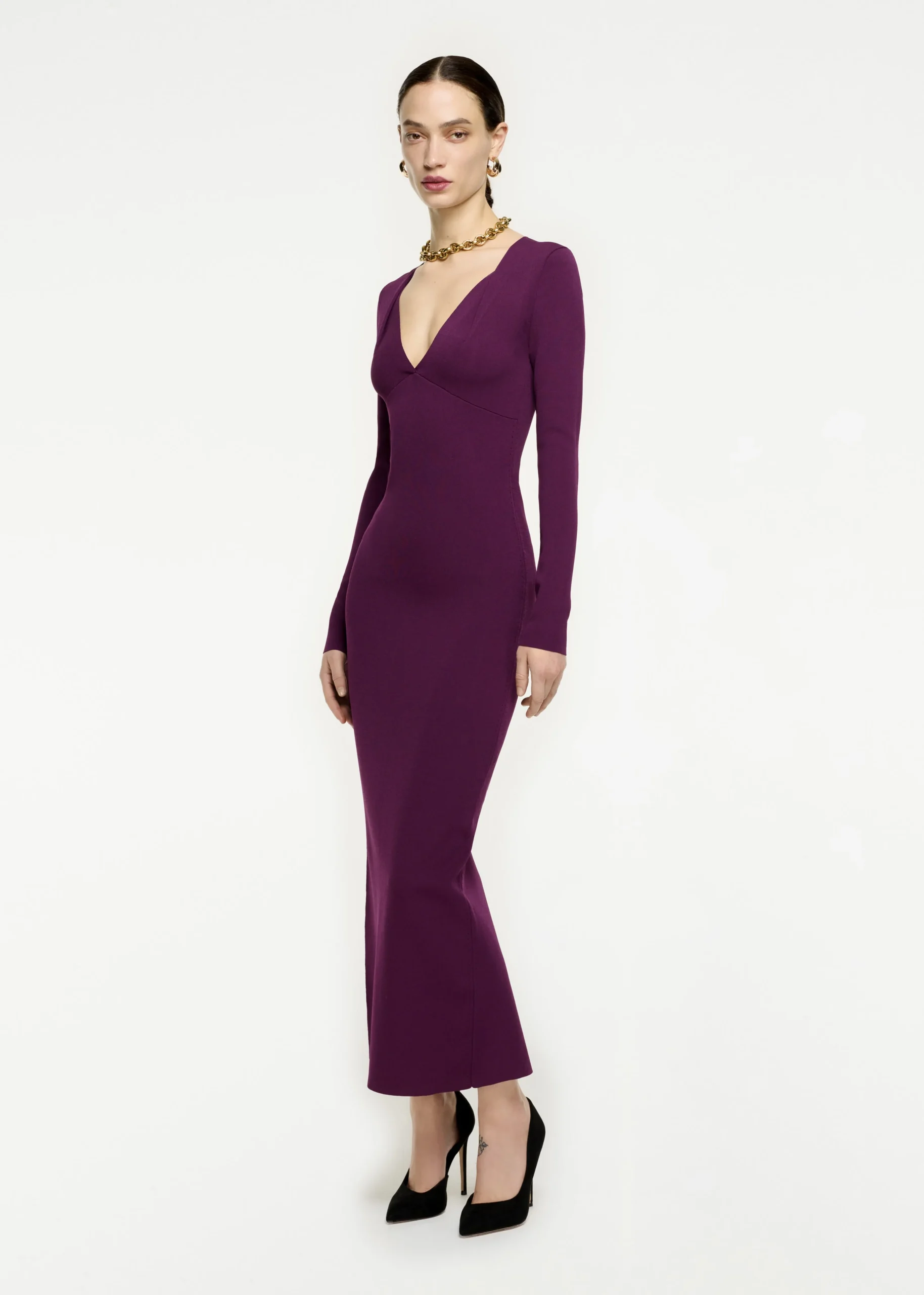 Ready To Wear|Ready To Wear Roland Mouret Long Sleeve Pleat Knit Midi Dress Aubergine