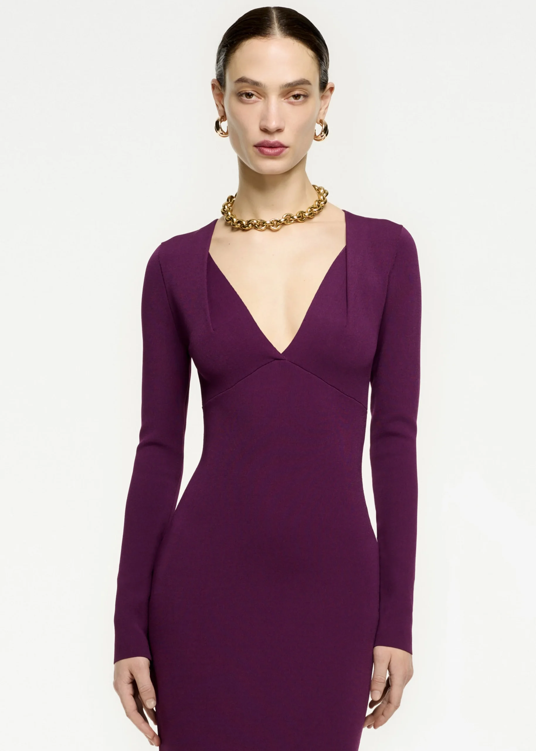 Ready To Wear|Ready To Wear Roland Mouret Long Sleeve Pleat Knit Midi Dress Aubergine
