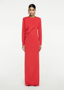 Ready To Wear|Ready To Wear Roland Mouret Long Sleeve Stretch Cady Maxi Dress Red