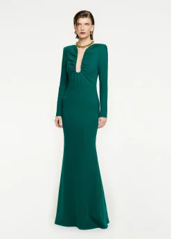 Ready To Wear Roland Mouret Long Sleeve Stretch Cady Maxi Dress Green