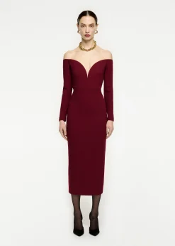 Ready To Wear|Ready To Wear Roland Mouret Long Sleeve Wool Crepe Midi Dress Maroon