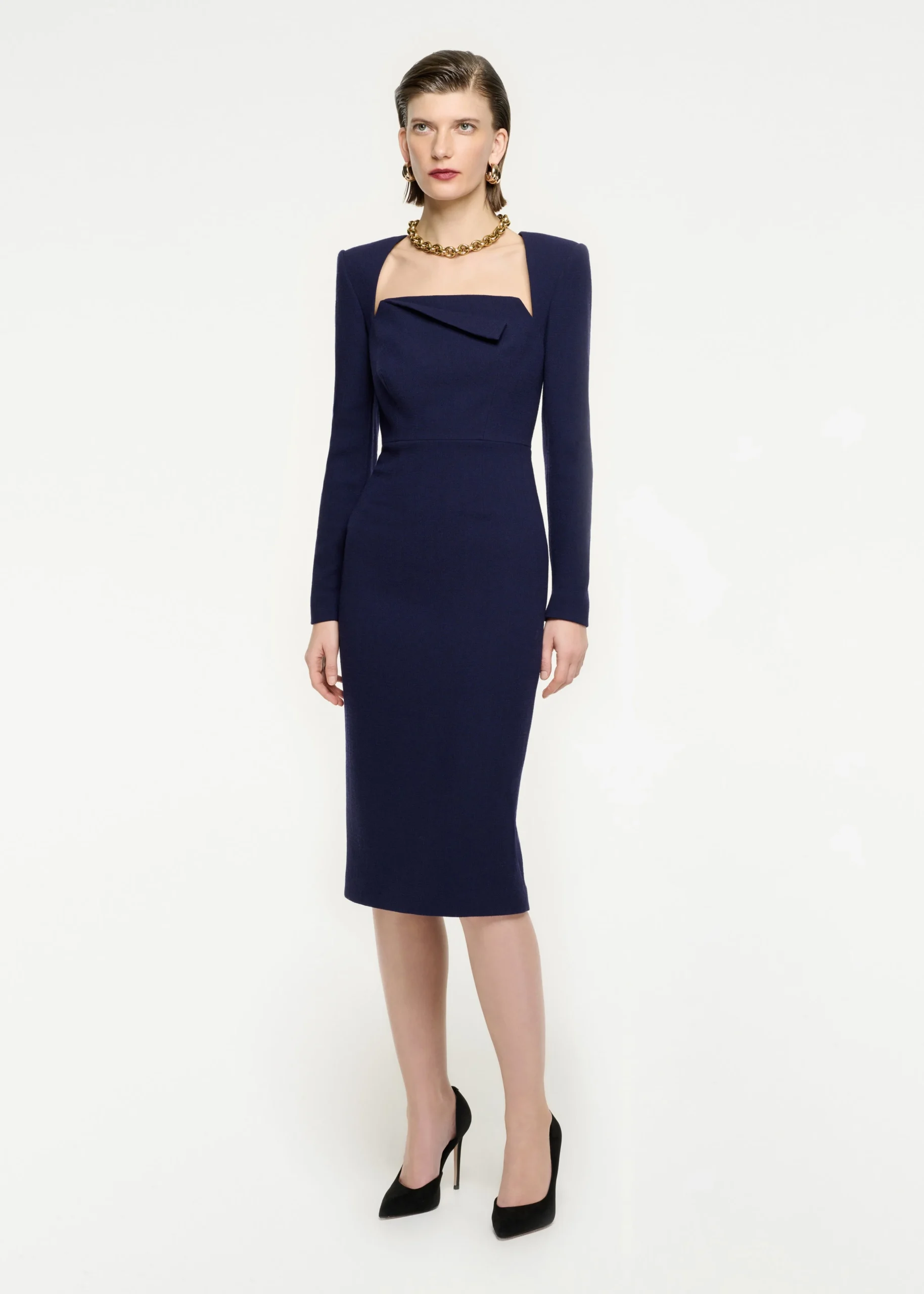 Ready To Wear|Ready To Wear Roland Mouret Long Sleeve Wool Crepe Midi Dress Navy