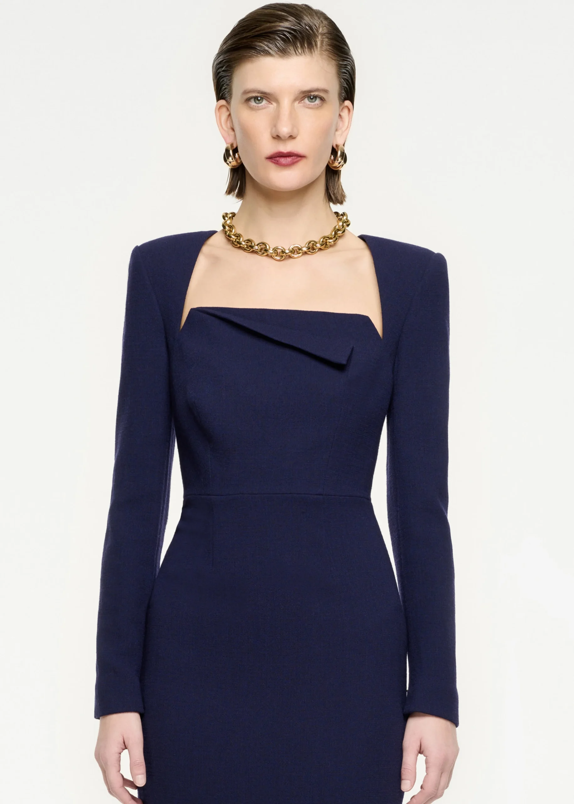 Ready To Wear|Ready To Wear Roland Mouret Long Sleeve Wool Crepe Midi Dress Navy
