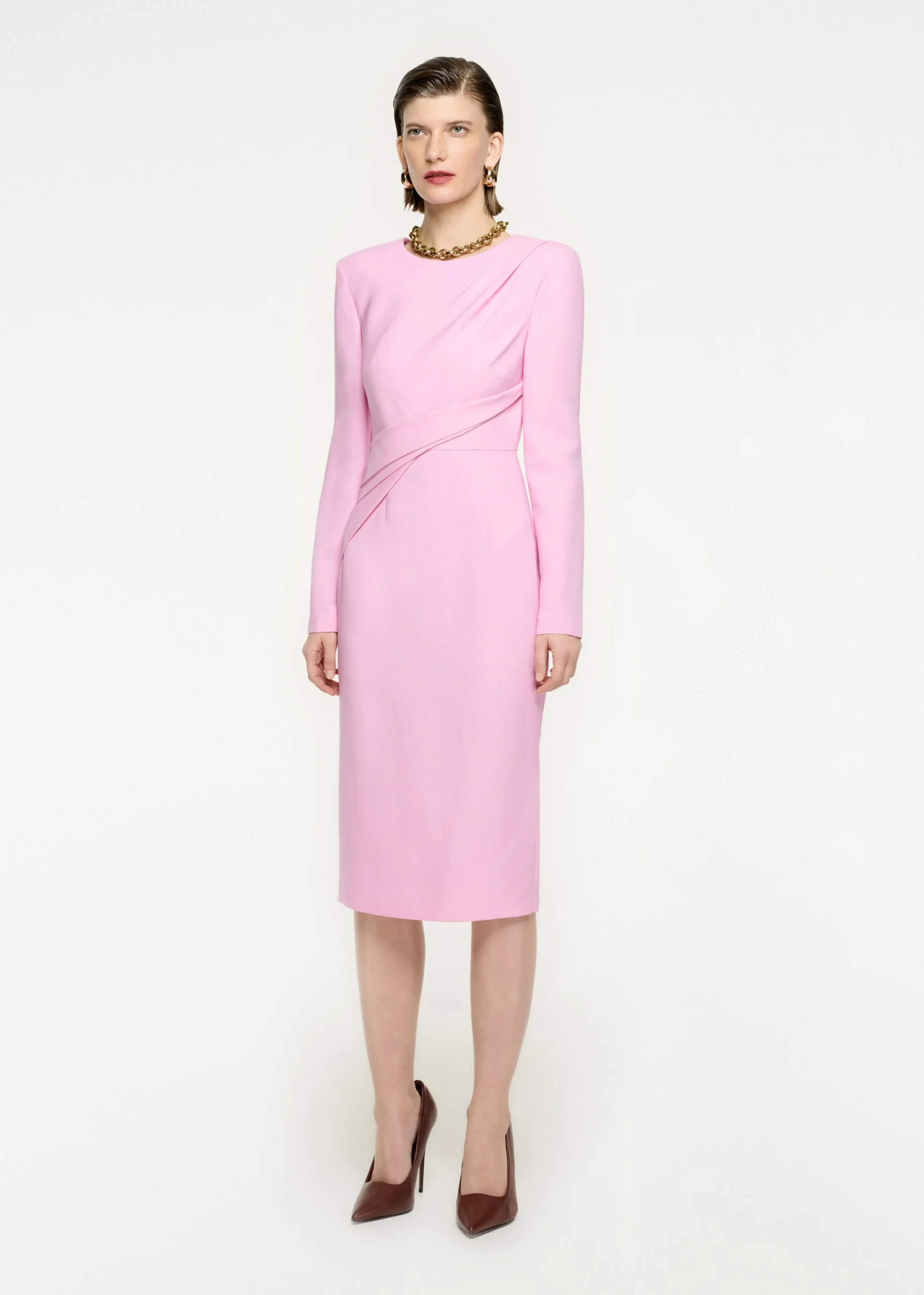 Ready To Wear|Ready To Wear Roland Mouret Long Sleeve Wool Silk Midi Dress Pink