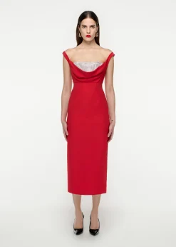 Ready To Wear|Ready To Wear Roland Mouret Off Shoulder Silk Wool Diamante Midi Dress Red
