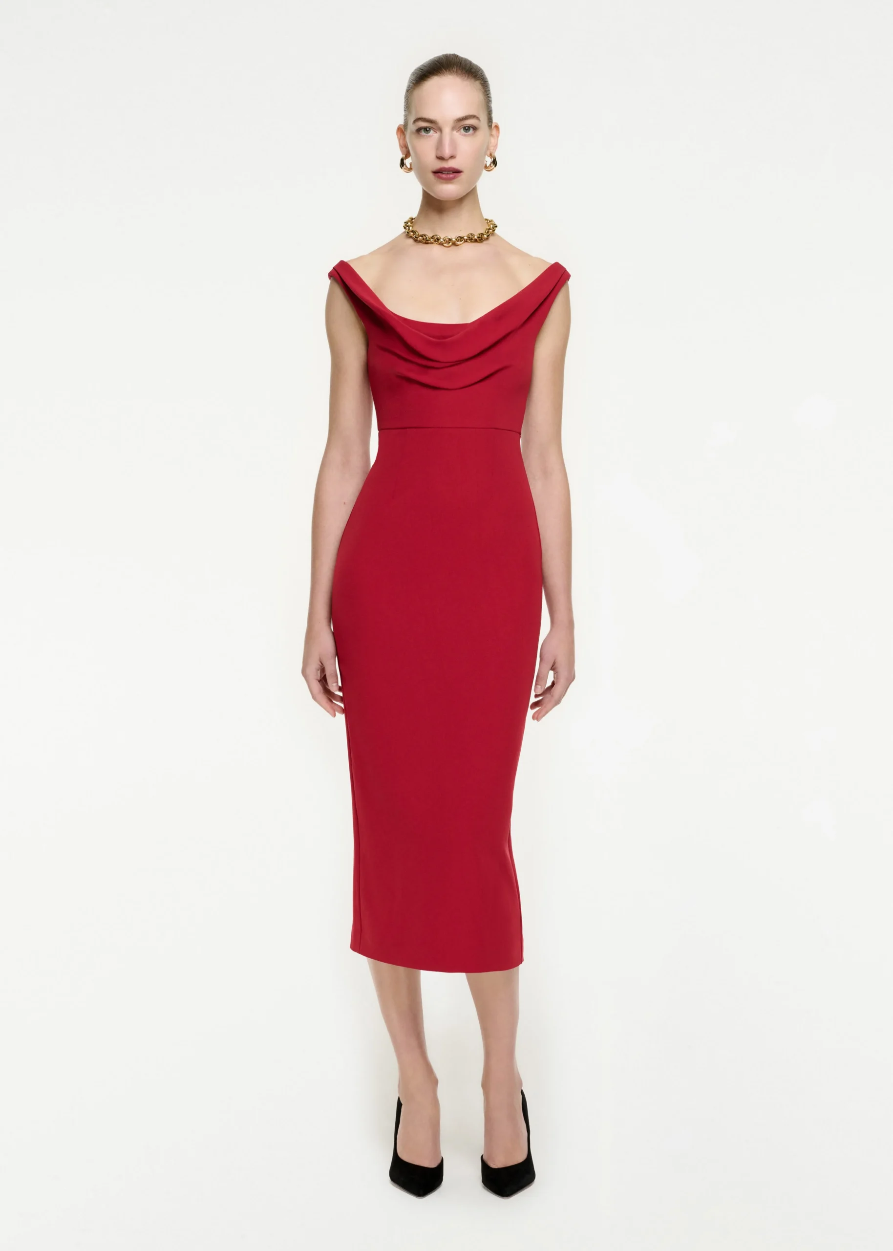 Ready To Wear|Ready To Wear Roland Mouret Off The Shoulder Stretch Cady Midi Dress Red