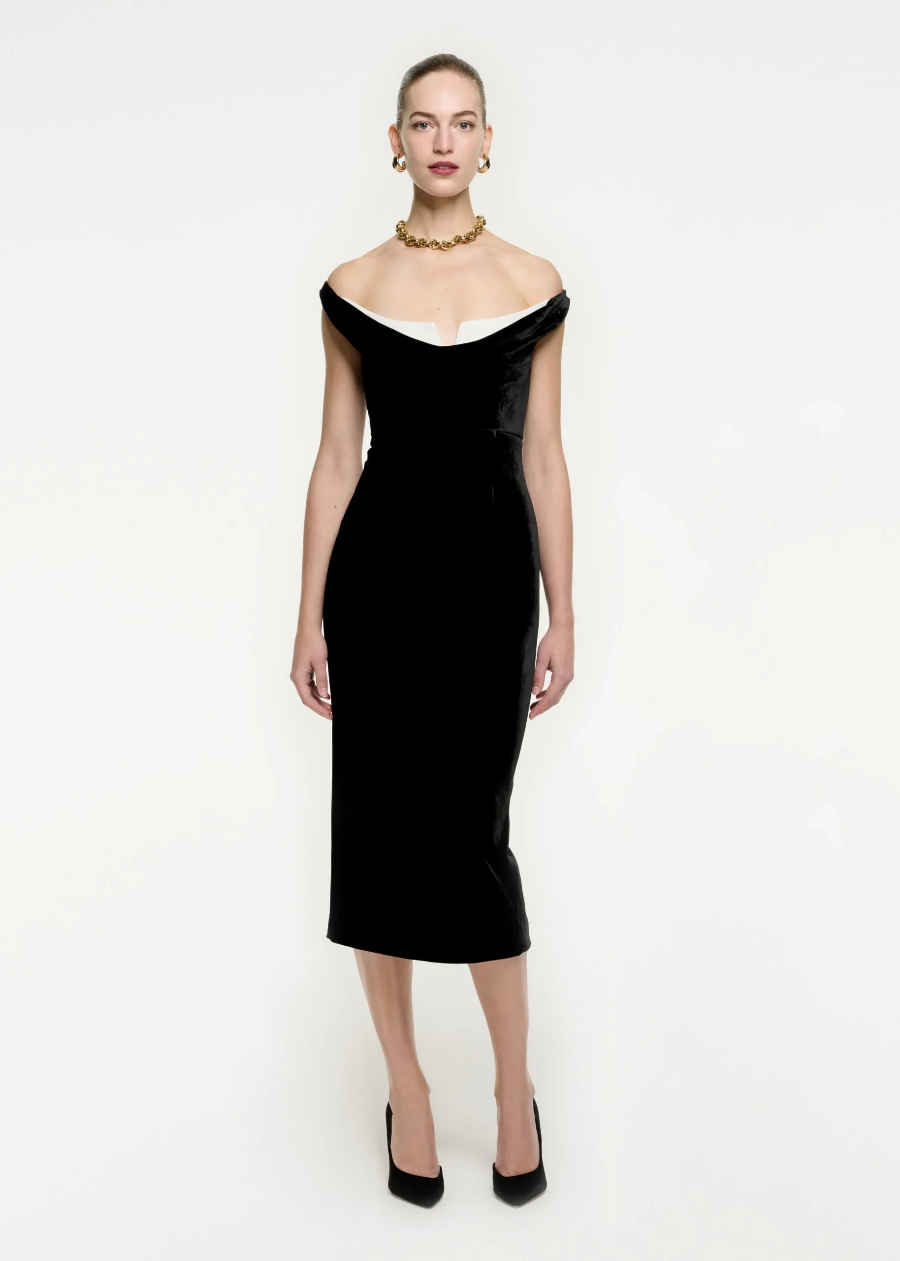 Ready To Wear|Ready To Wear Roland Mouret Off The Shoulder Velvet Midi Dress Monochrome