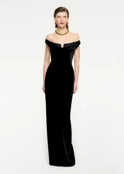 Ready To Wear Roland Mouret Off The Shoulder Velvet V Trim Dress Black