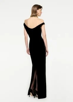 Ready To Wear Roland Mouret Off The Shoulder Velvet V Trim Dress Black