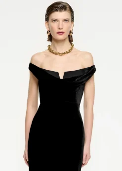 Ready To Wear Roland Mouret Off The Shoulder Velvet V Trim Dress Black