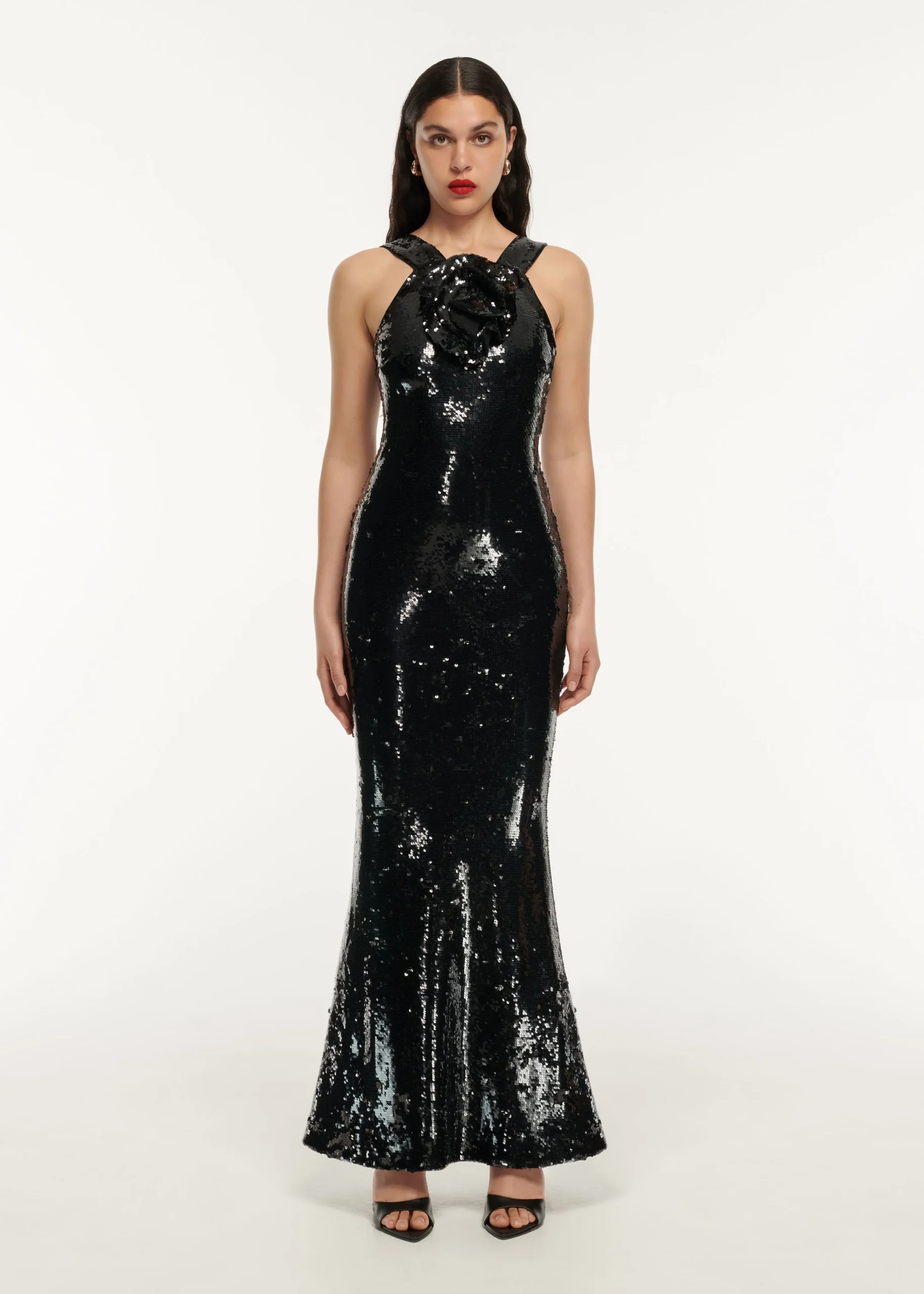 Ready To Wear Roland Mouret Sequin Flower Drape Maxi Dress