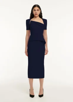 Ready To Wear|Ready To Wear Roland Mouret Short Sleeve Crepe Peplum Midi Dress Navy