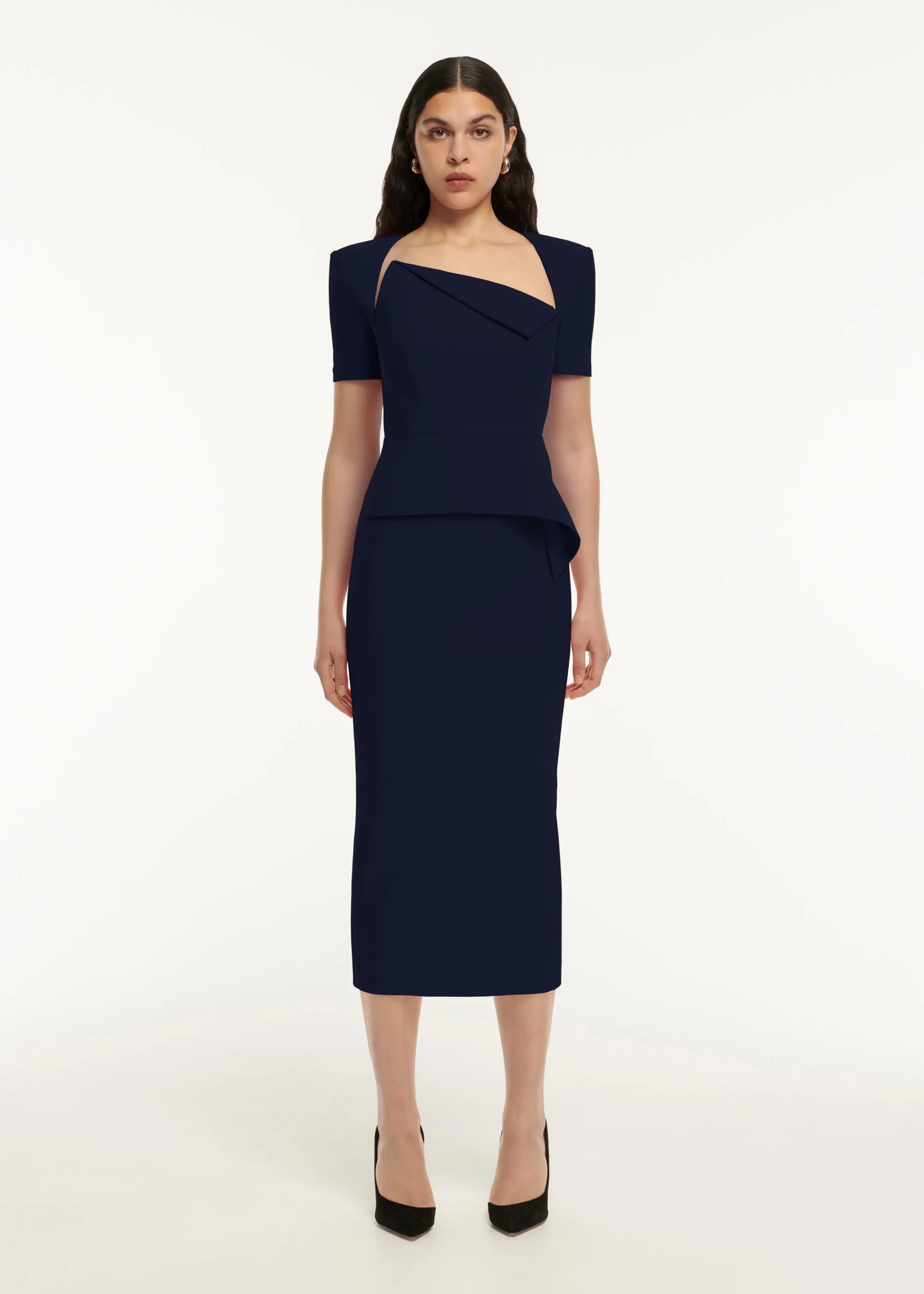 Ready To Wear|Ready To Wear Roland Mouret Short Sleeve Crepe Peplum Midi Dress Navy