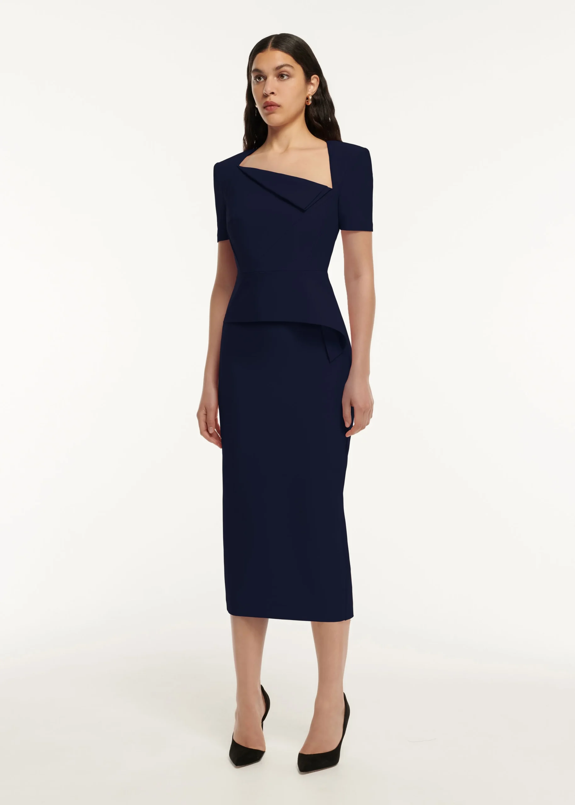 Ready To Wear|Ready To Wear Roland Mouret Short Sleeve Crepe Peplum Midi Dress Navy